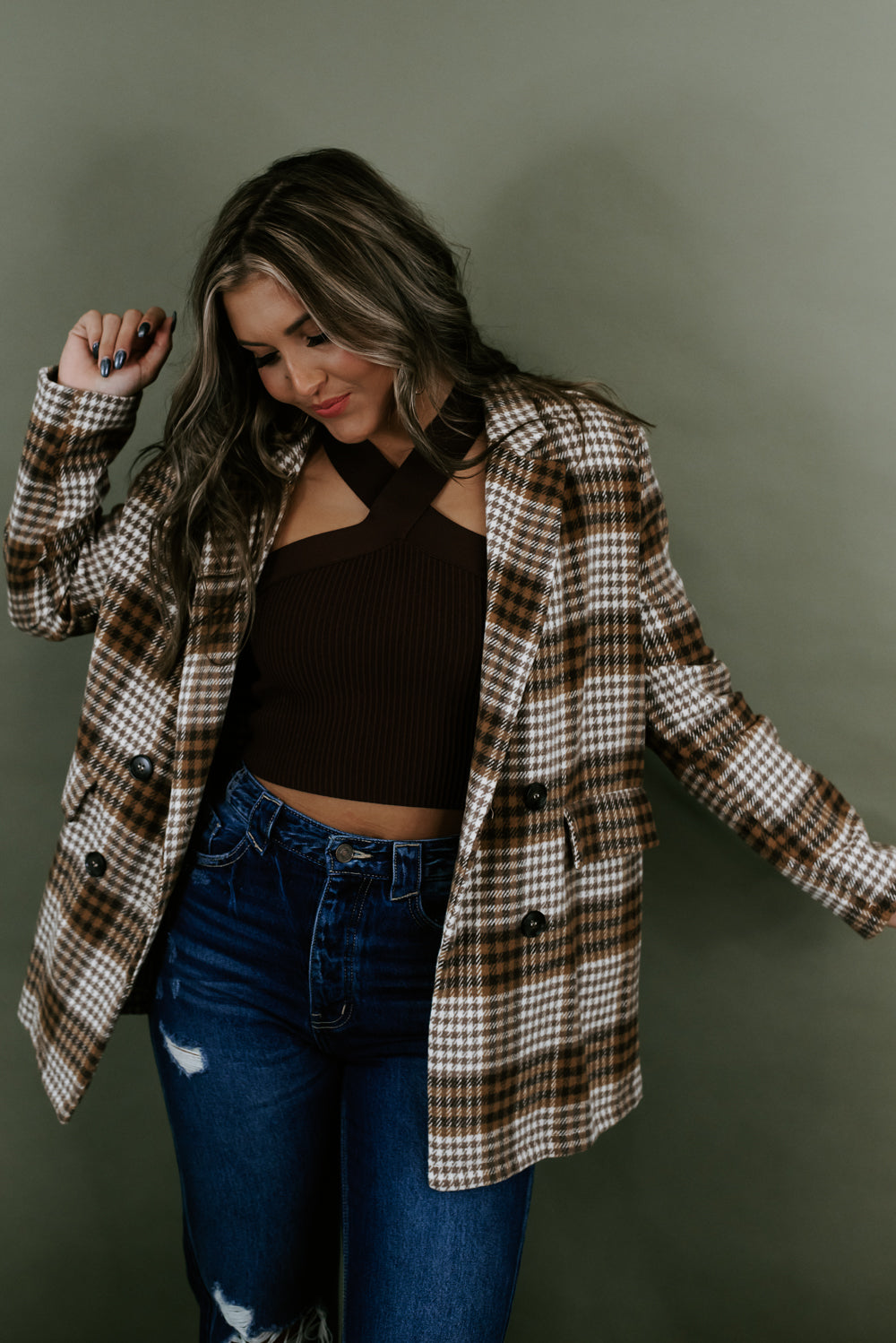 So Chic Plaid Blazer , Brown
