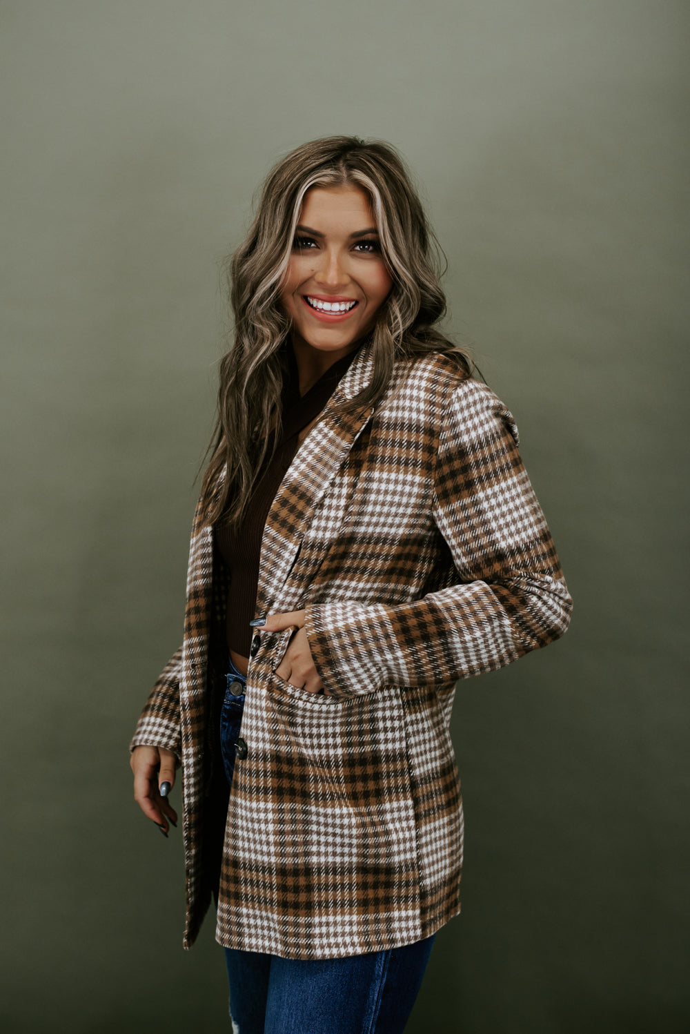 So Chic Plaid Blazer , Brown