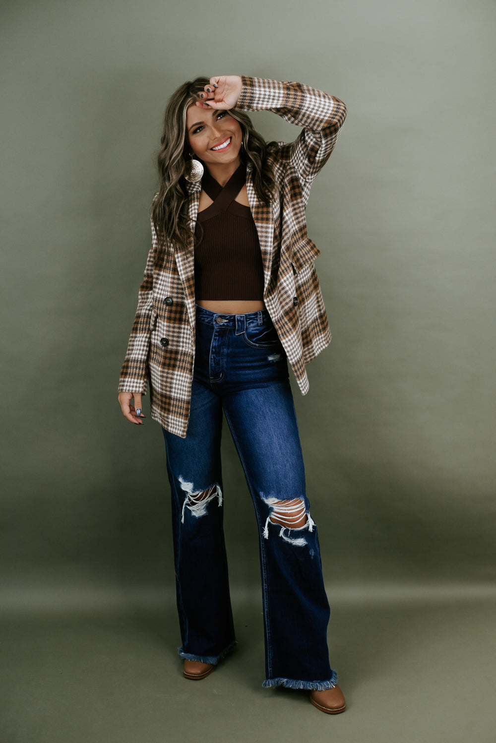 So Chic Plaid Blazer , Brown