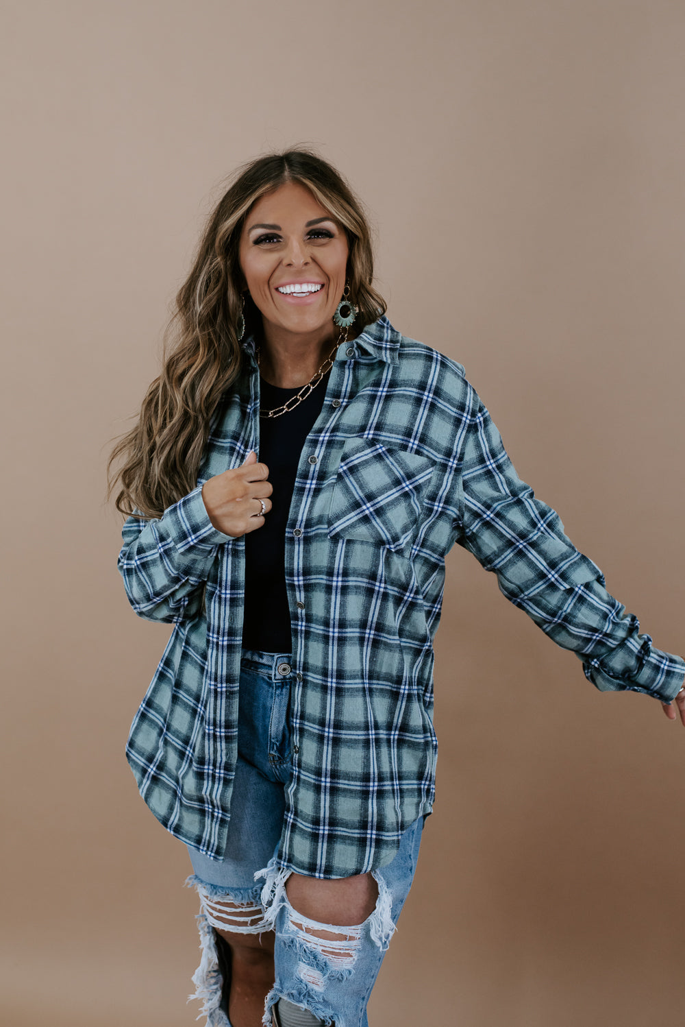 Here For Flannel Button Up , Sage