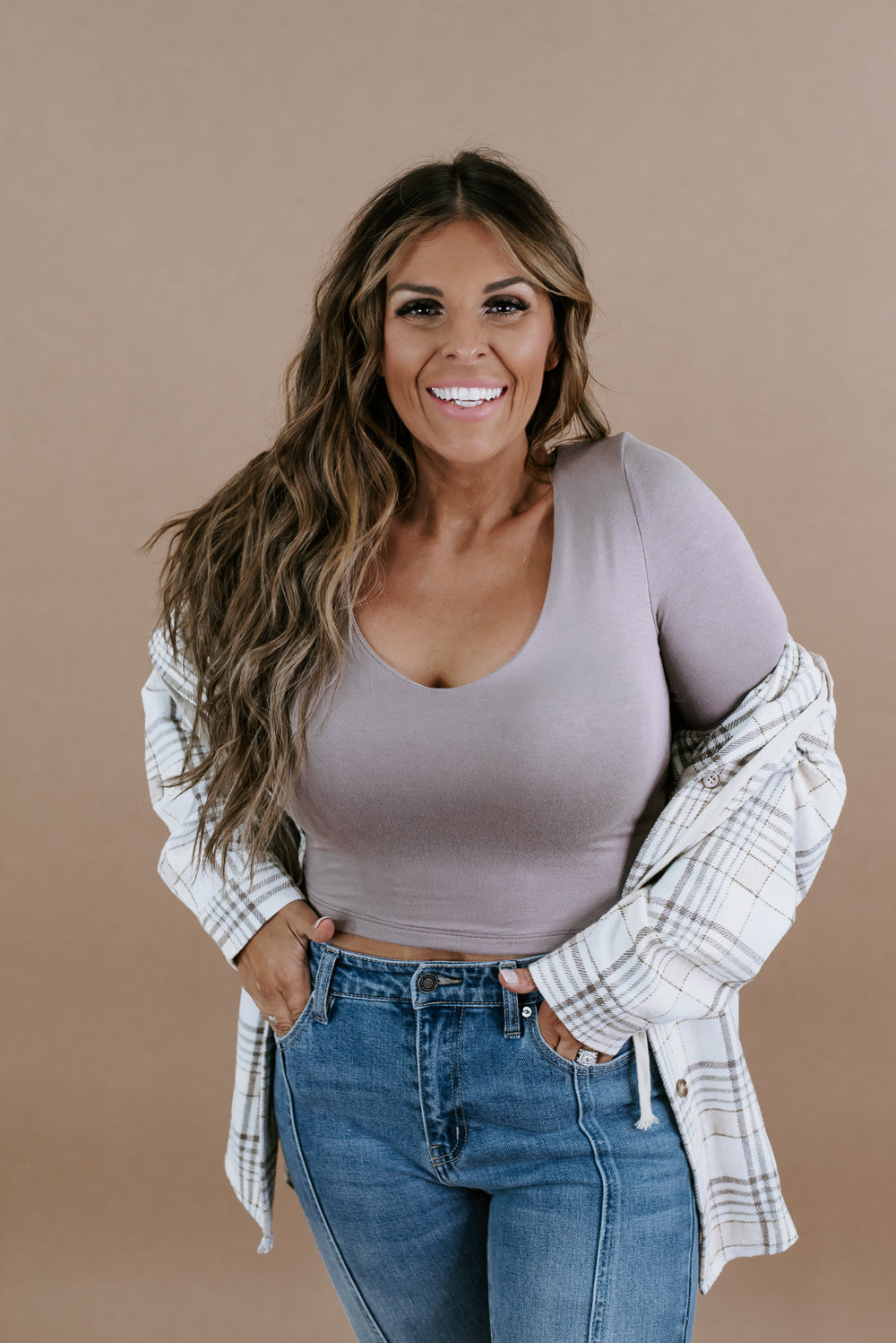 Double Layered Long Sleeve Crop , Mocha