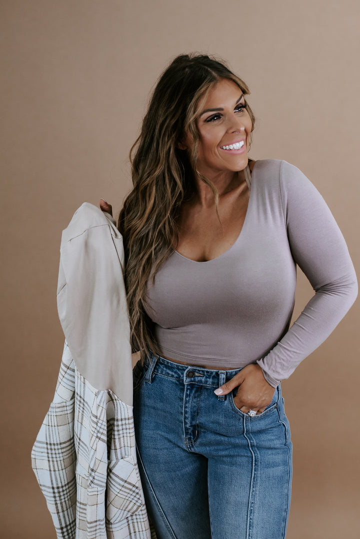 Double Layered Long Sleeve Crop , Mocha