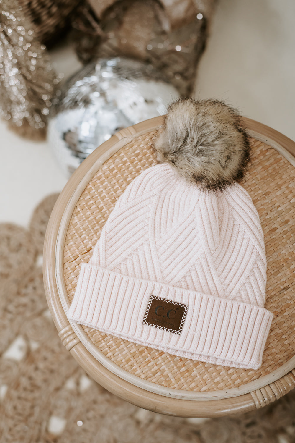 CC Leather Patch Beanie, Beige