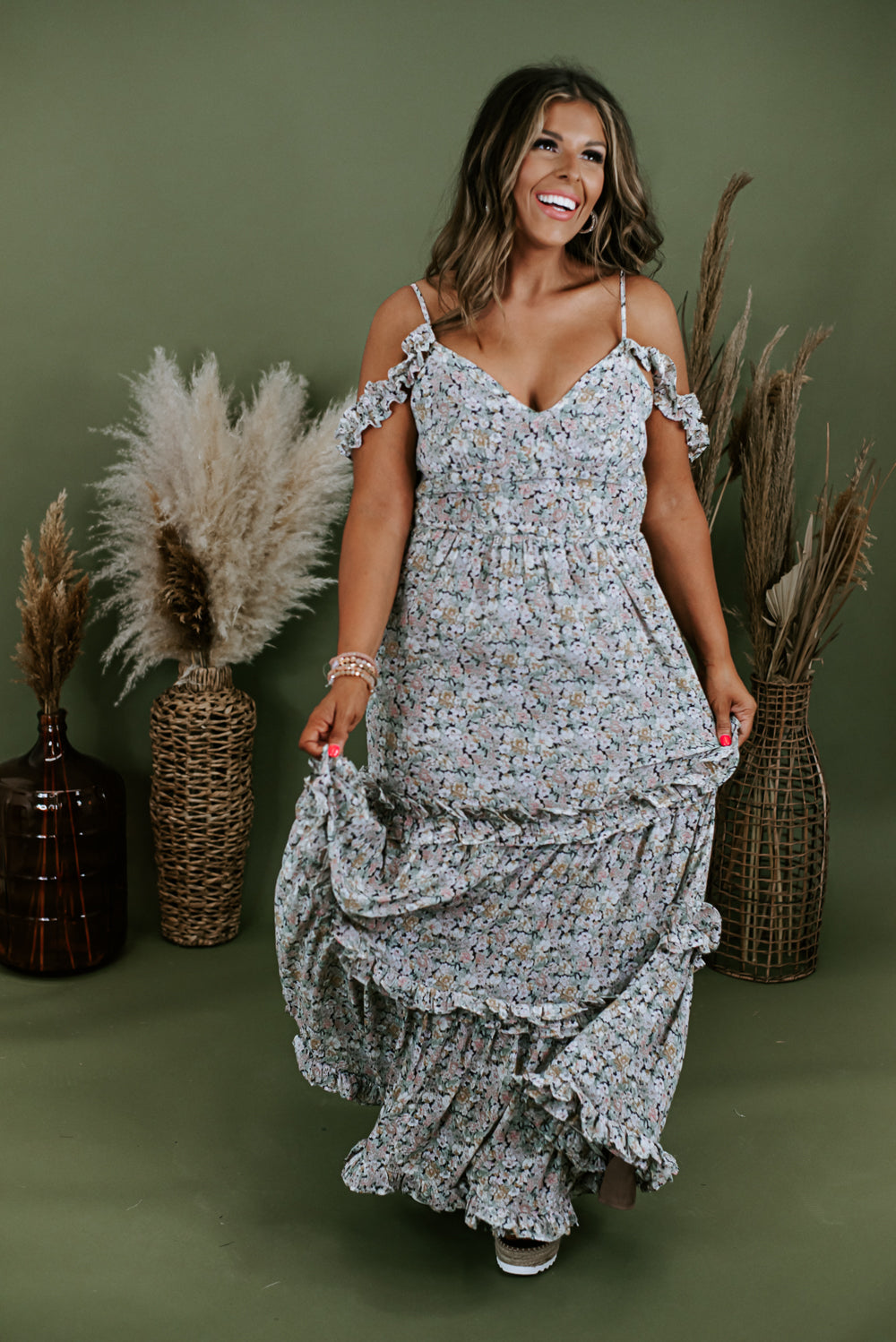 Cold-Shoulder Long Glitter Prom Dress with Florals