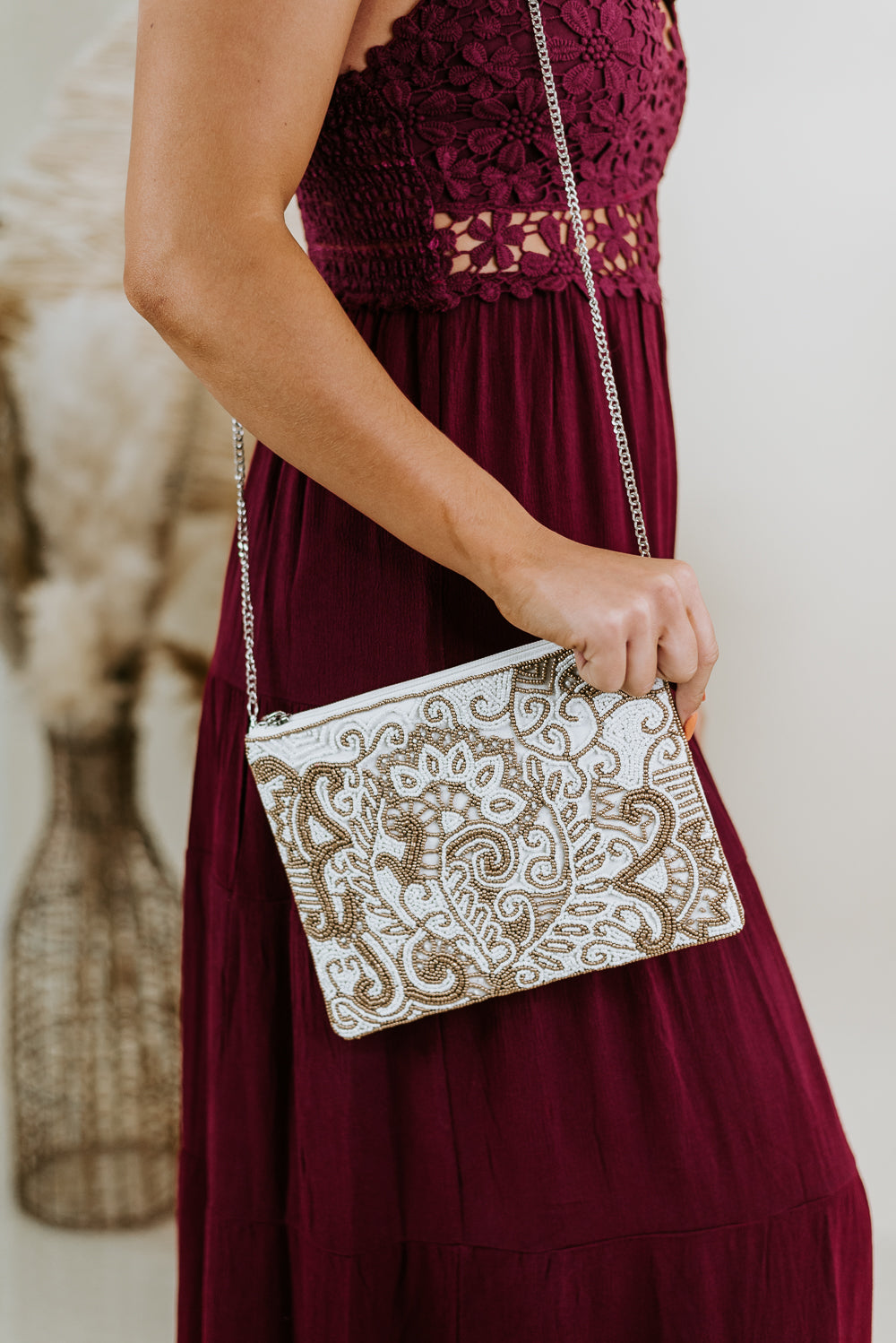 Floral Embroidery Clutch, White
