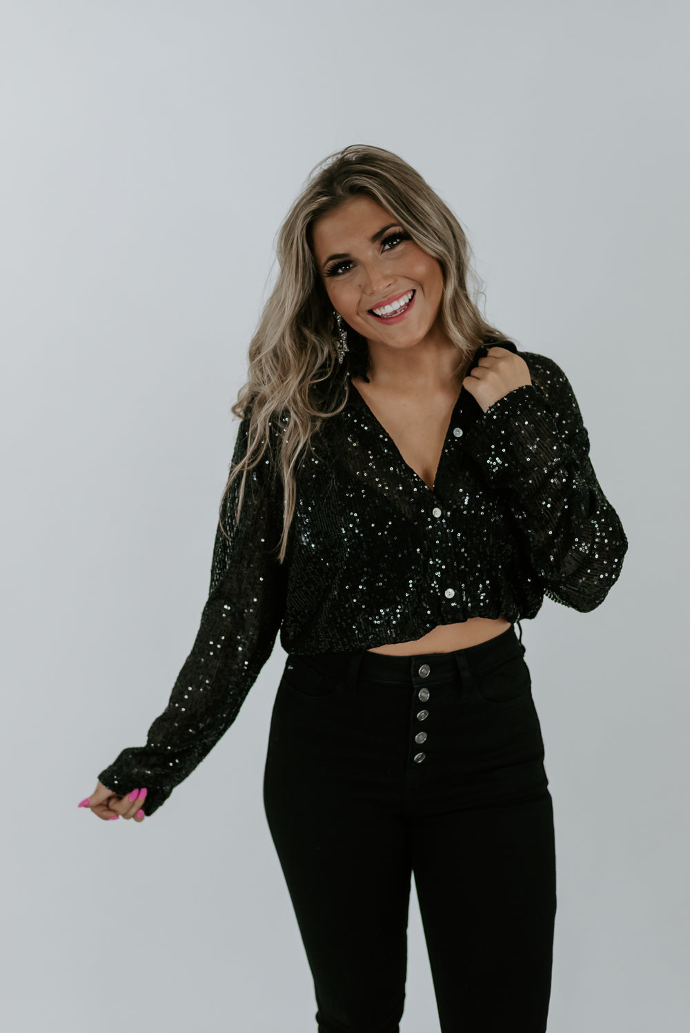 Good Night Glam Button Up Top, Black