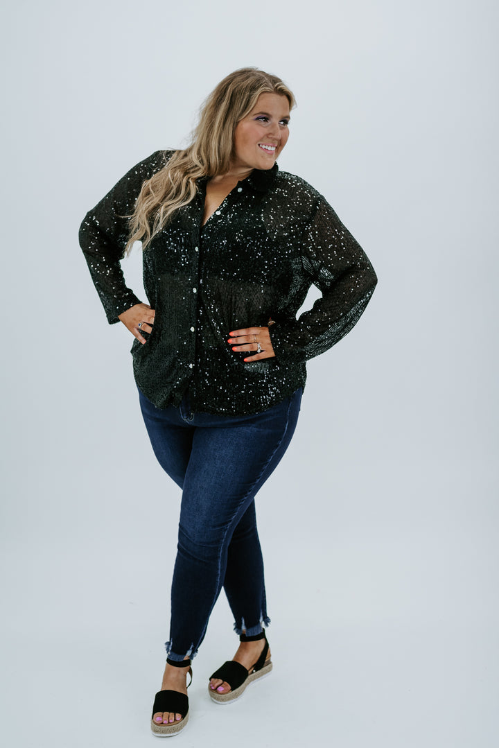 Good Night Glam Button Up Top, Black