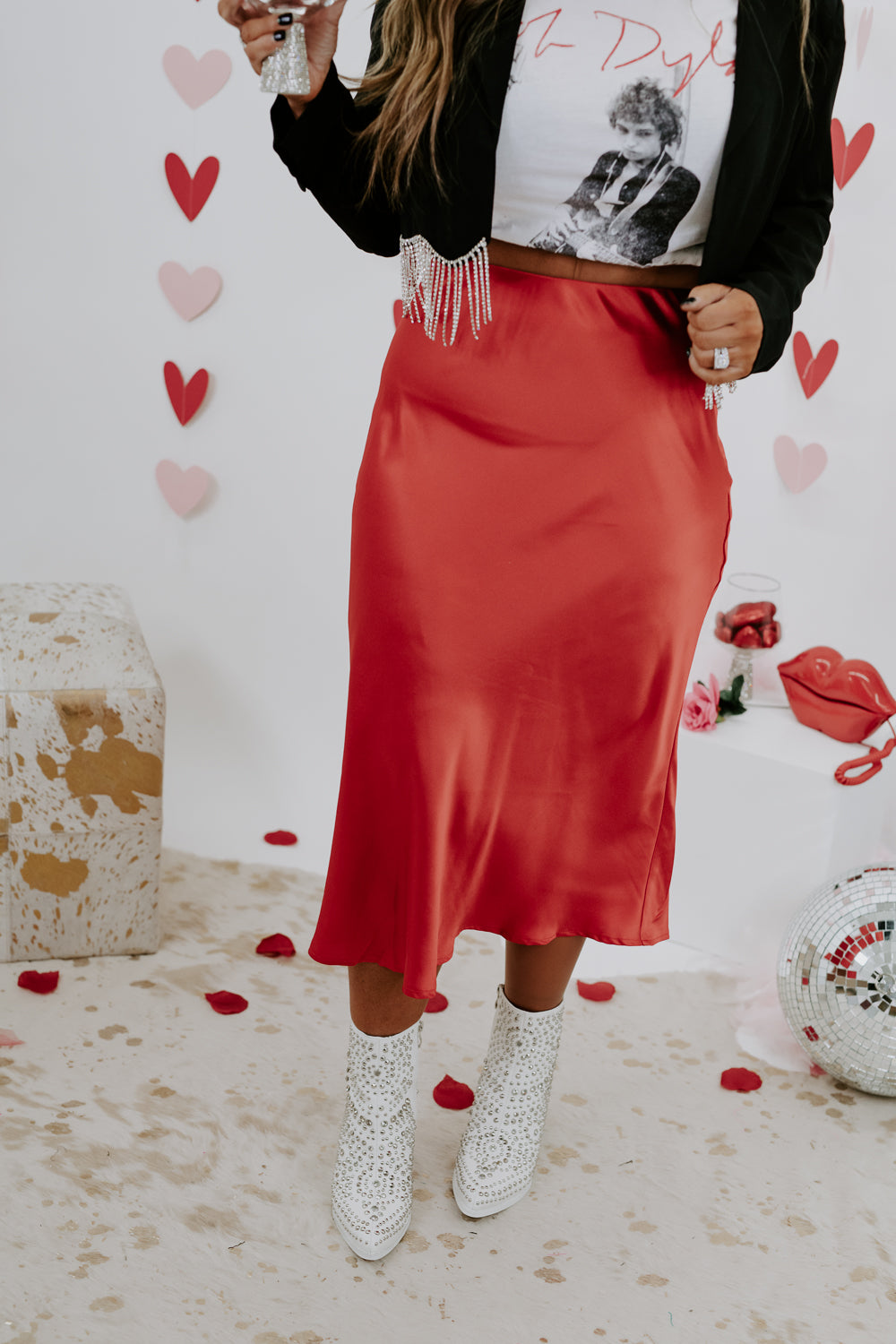 Slay All Day Satin Midi Skirt, Red