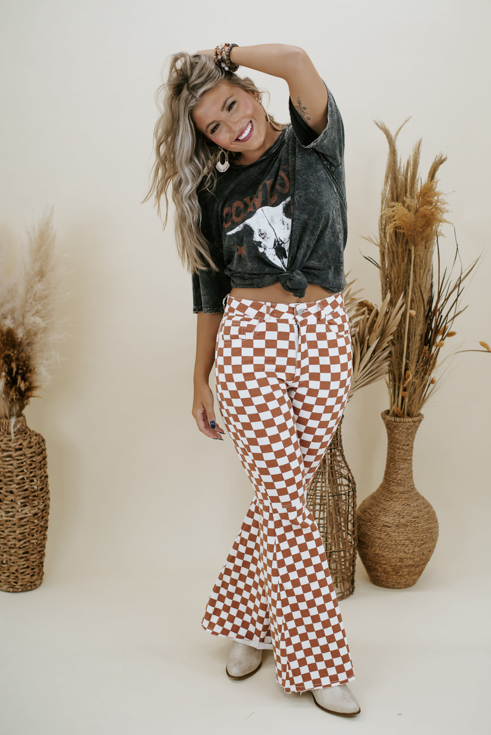 Charming In Checkered Flare Pant, Rust/ Brown
