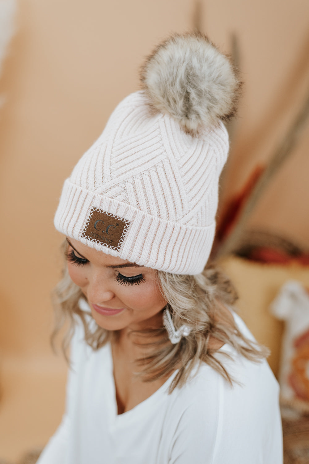 CC Leather Patch Beanie, Beige