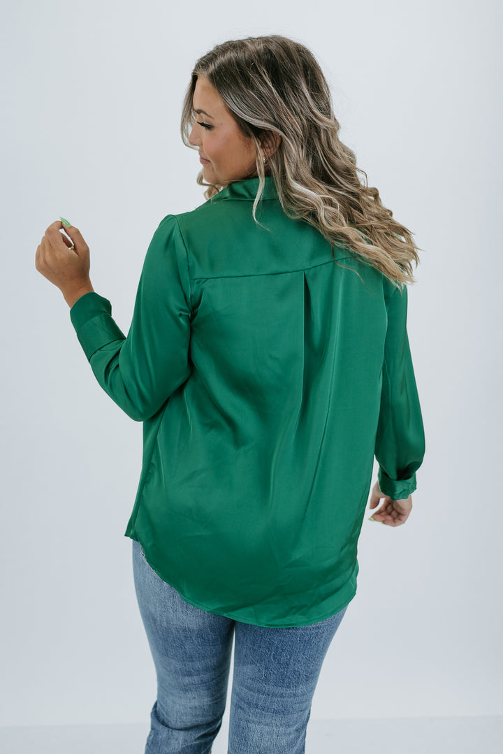 Sure Standout Satin Blouse, Kelly Green