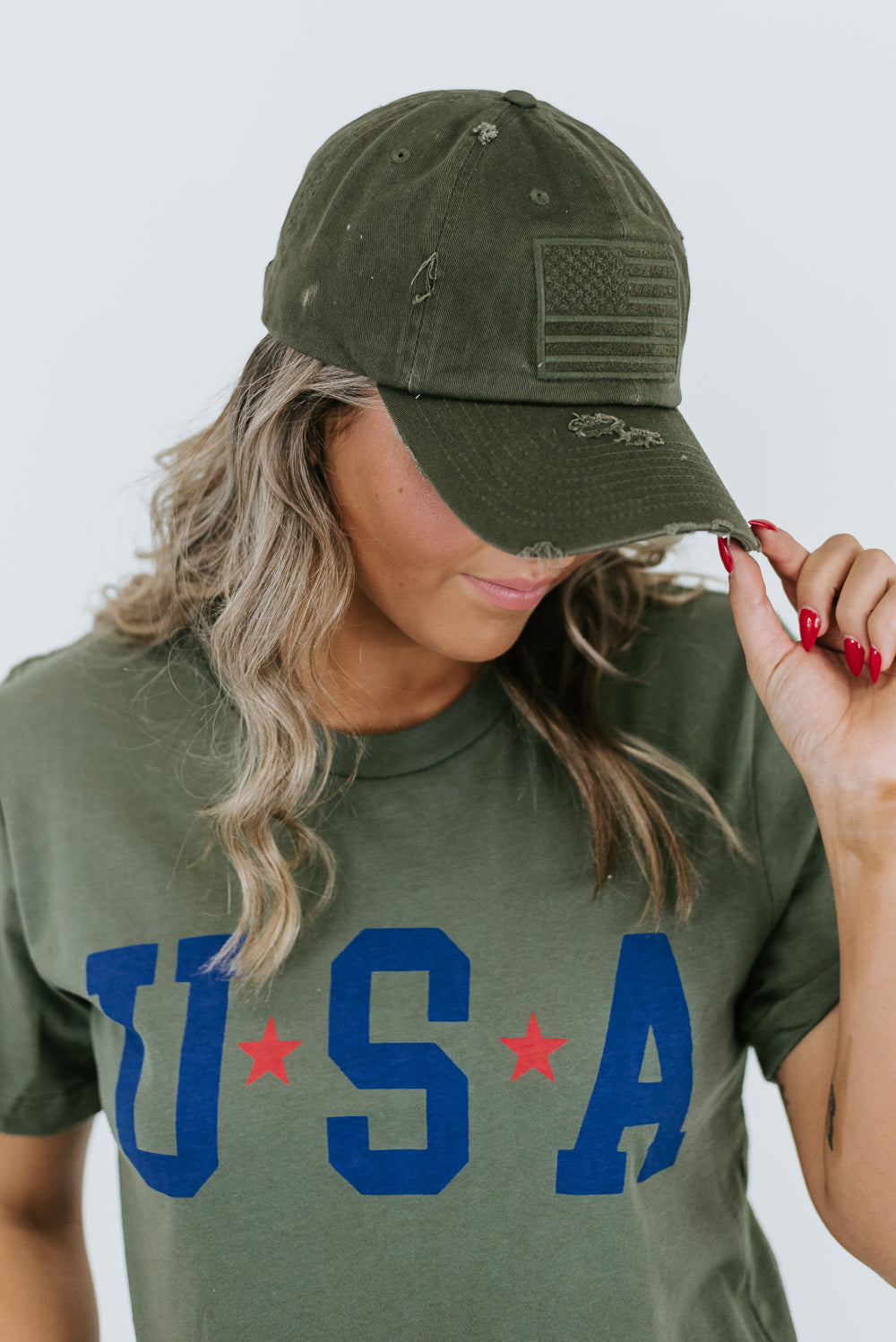 Distressed American Flag Hat , Army Green