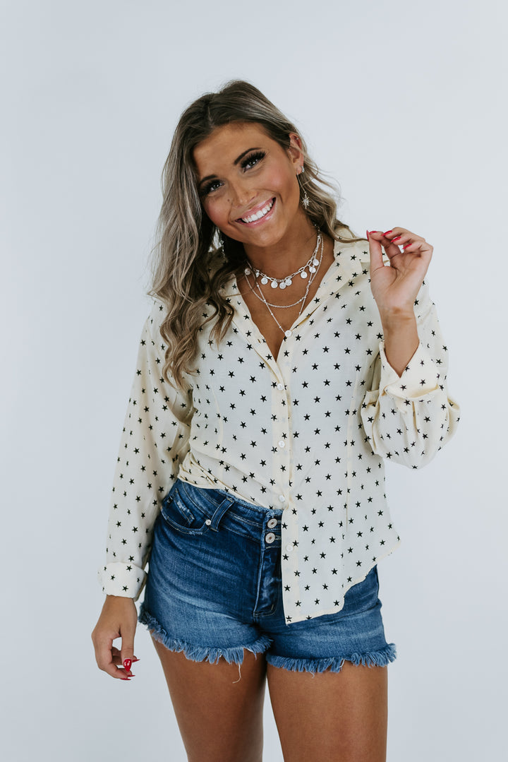 Chasing Stars Button Up Blouse, Beige