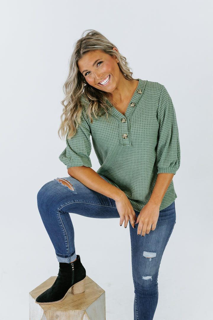 Button Necked Waffle Top, Sage