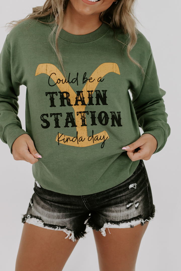 Train Station Crewneck Sweatshirt, Olive
