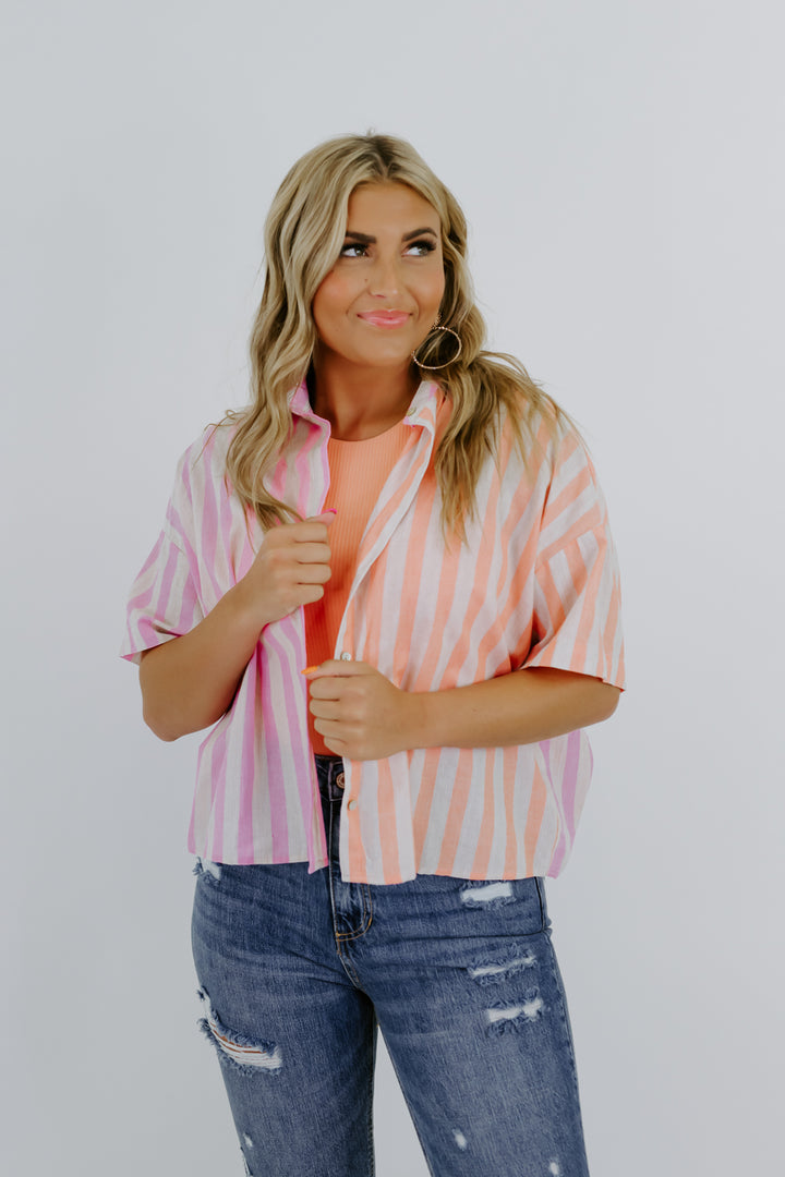 Up Next Neon Striped Button Up, Pink Combo