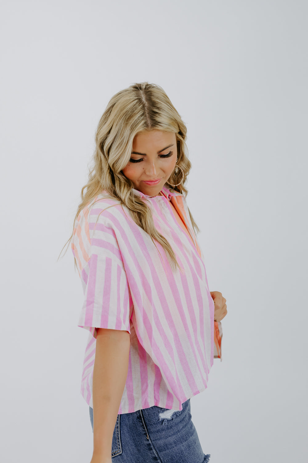Up Next Neon Striped Button Up, Pink Combo