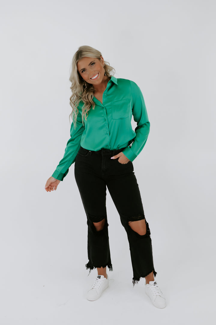 Sure Standout Satin Blouse, Kelly Green