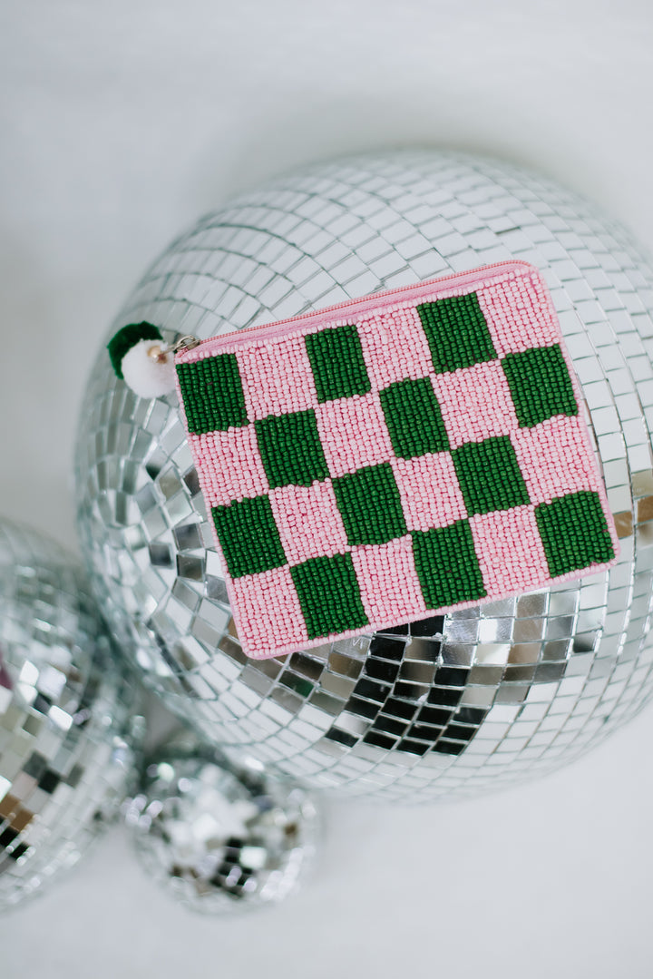 Basic Babe Beaded Plaid Coin Purse, Green/Pink
