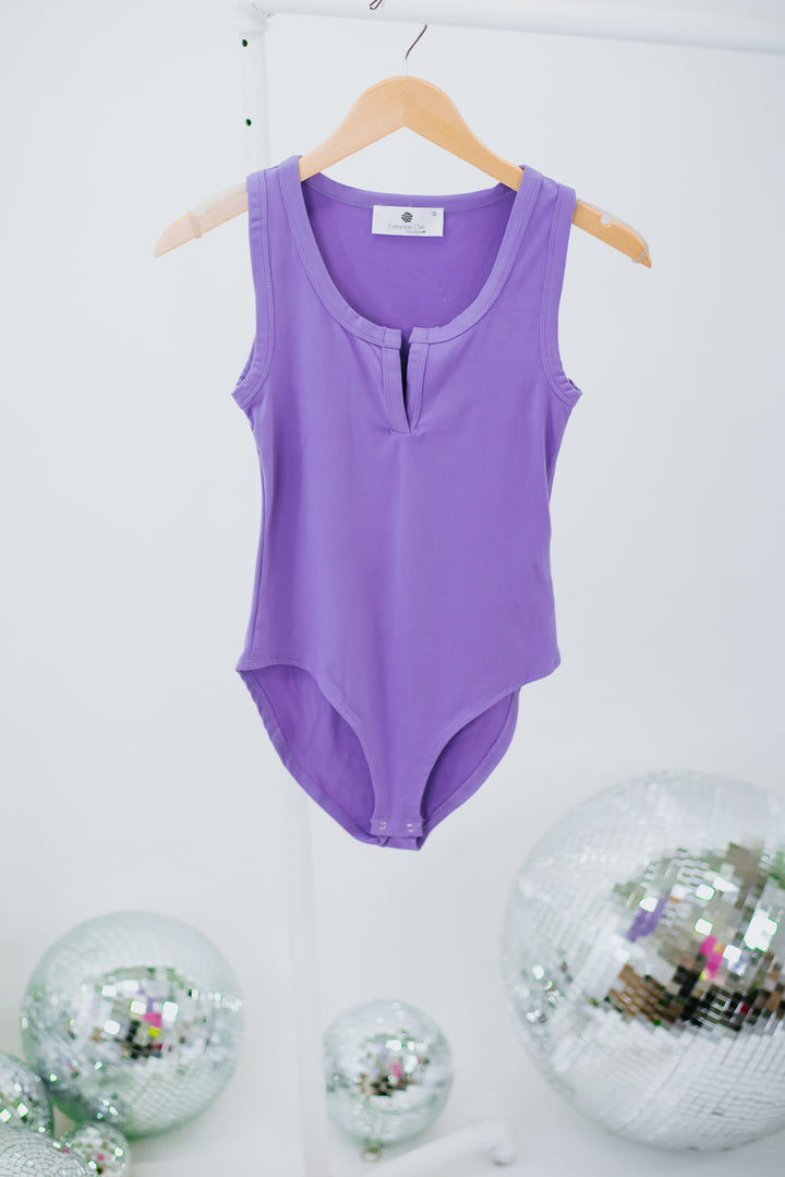 A List Split Neck Bodysuit, Lavender