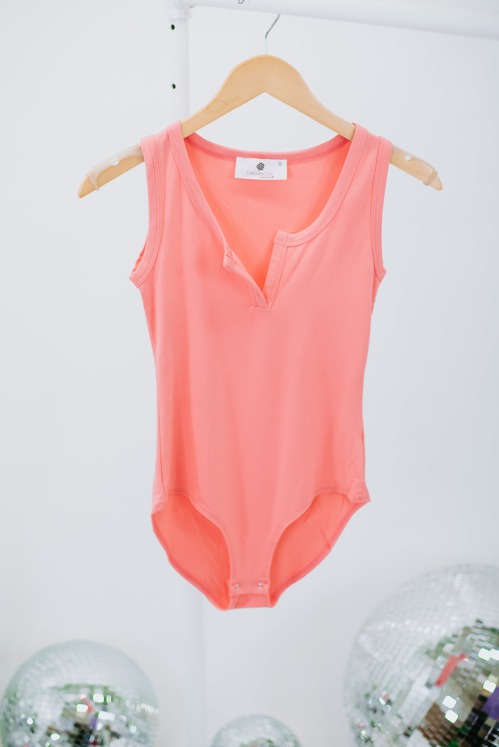 A List Split Neck Bodysuit, Coral Pink