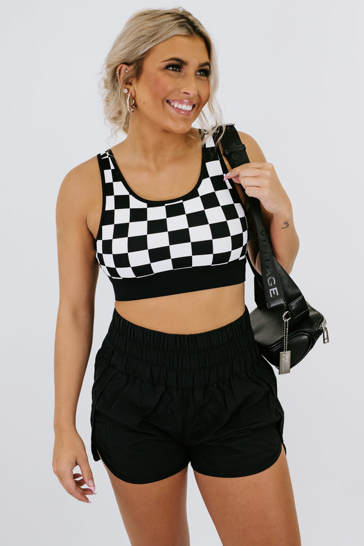 Feeling Fit Thick Strap Checkered Sports Bra, Black