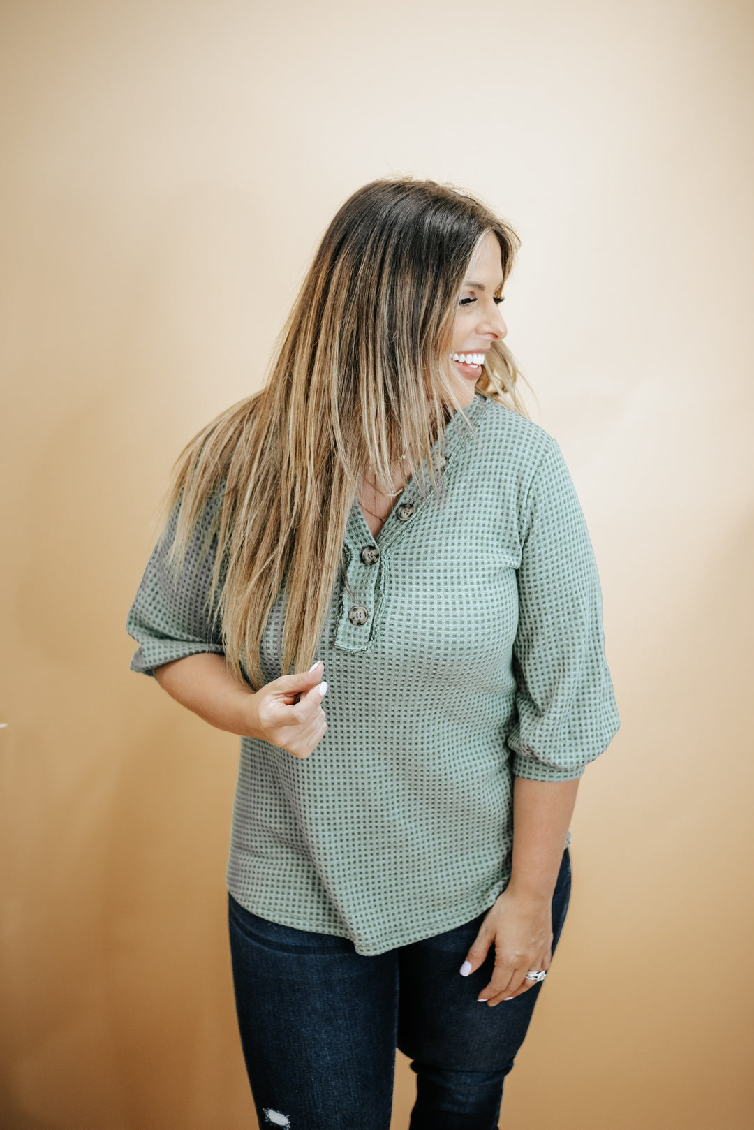 Button Necked Waffle Top, Sage