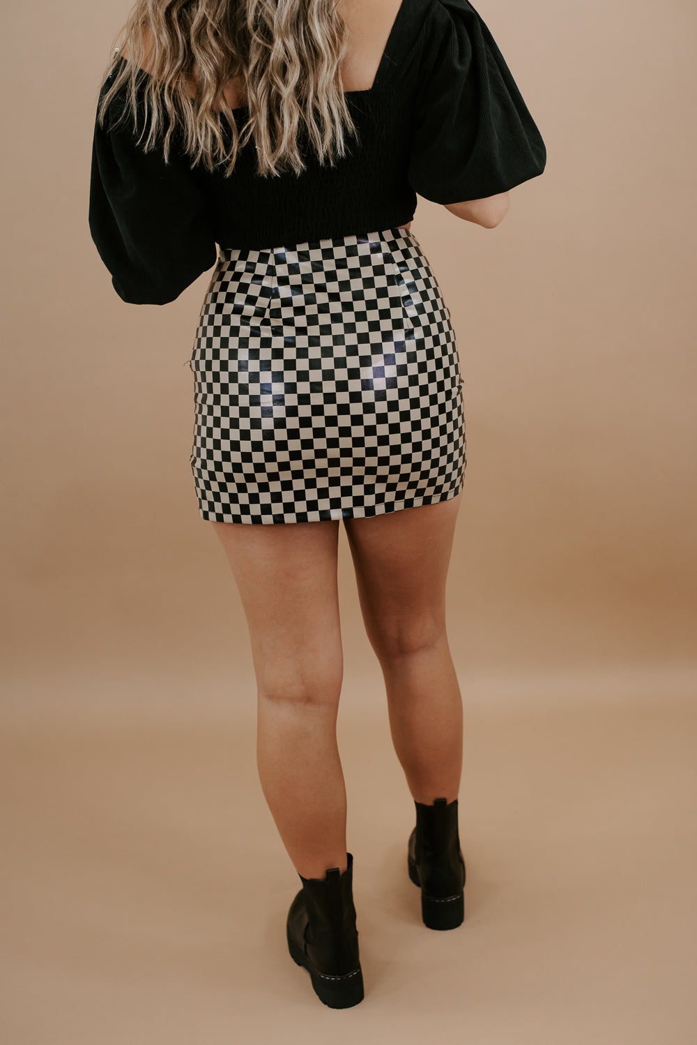 Check Faux Leather Mini Skirt, Black/Mocha